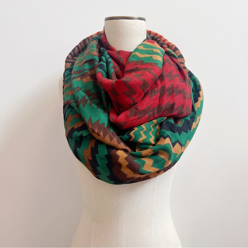 Brown Red Green Black Tribal Print Infinity Scarf OS NWT